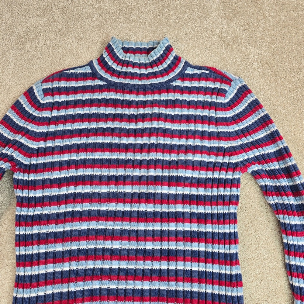 Tommy Hilfiger Jeans Womens L Ribbed Mock Neck Striped Cotton Sweater‎ Navy Red